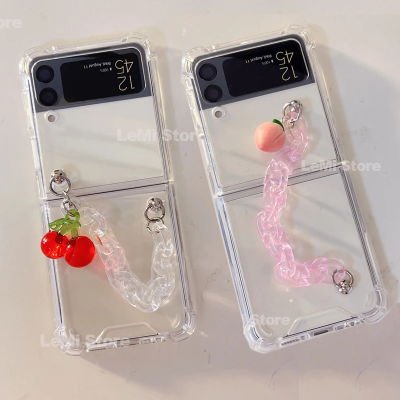 Симпатичный противоударный чехол с изображением персикового вишневого браслета для Samsung Galaxy Z, прозрачный чехол-книжка с 3 цепочками