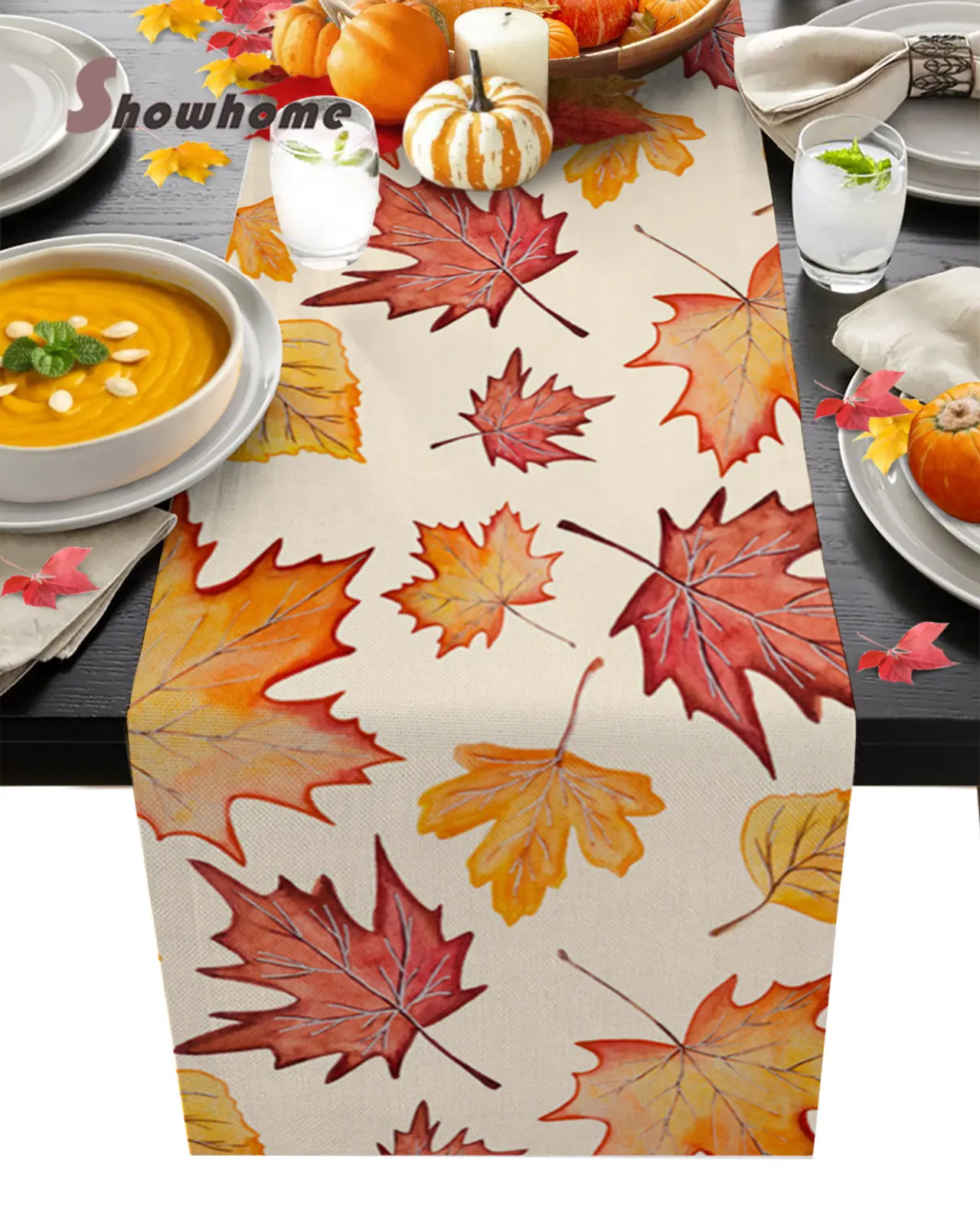 Autumn Maple Leaves Luxury Table Runner Dining Table Wedding Party Christmas Cake Floral Tablecloth Decoration
