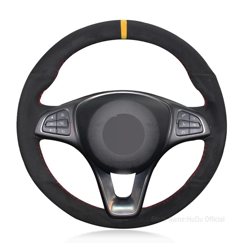 

Car Steering Wheel Cover For Mercedes Benz C180 C200 B200 C260 C300 DIY Hand-stitched Black Suede Yellow Marker Auto Interior