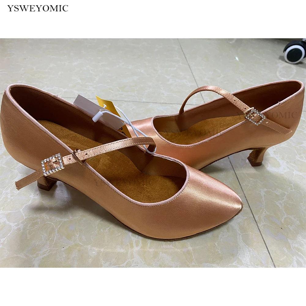 Khaki White Closed Toe Dance Shoes Soft Satin Standard Ballroom 5.5cm Heel Latin Ballroom Suede Outsole Dance Shoes For Women