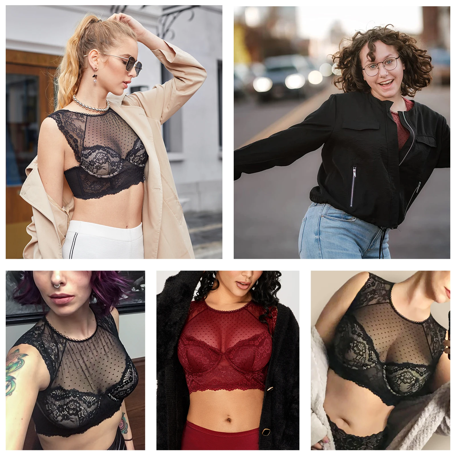 DOBREVA Women's Lace Bralette Crop Top Mesh Bustier Plus Size Padded High-neck Underwired Bra Black White Red DD E