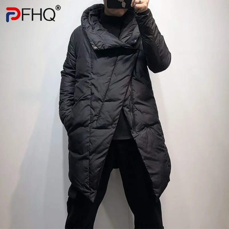 

PFHQ 2023 Winter Men's Trendy Elegant Trench Parka Hooded Jackets Asymmetrical Collar Fashion Thicken Original Long Padded Coat