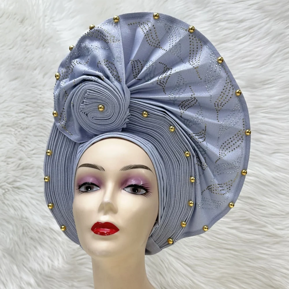 

African Thick Luxury Sego Headtie Aso Oke Embroidered Arab Wrap Beads And Stones Turban Headwear Headgear Hair Accessories ES064