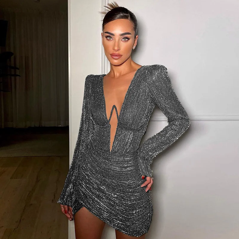 

Drop Shipping Fashion Lady Marvel Knit Solid Color Long Sleeve Shiny Deep V Neck Sexy Bodycon Mini Dress