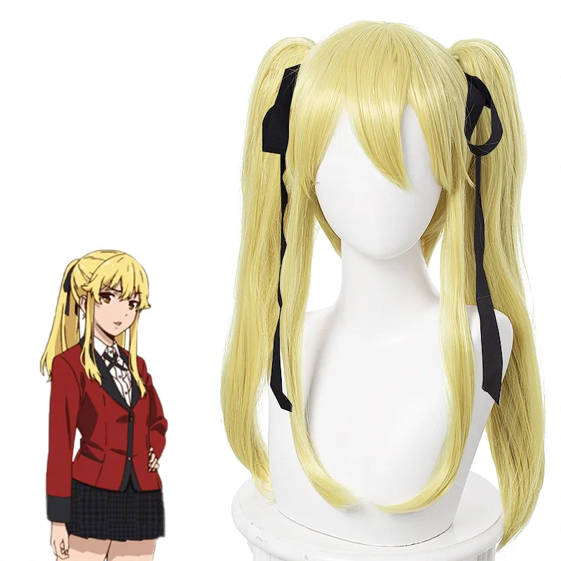 

Kakegurui Mary Saotome Meari Wigs Cosplay Blonde Ponytails Heat Resistant Hair Cosplay Costume Wig + Silk Black Ribbon + Wig Cap