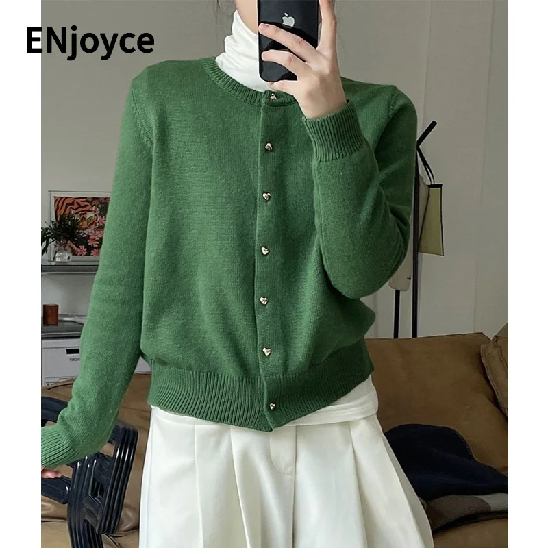Women Retro Green Single-breasted Wool Knitted Cardigan Short Sweater 2022 Winter Korean Style Casual Loose Knitwear Jacket