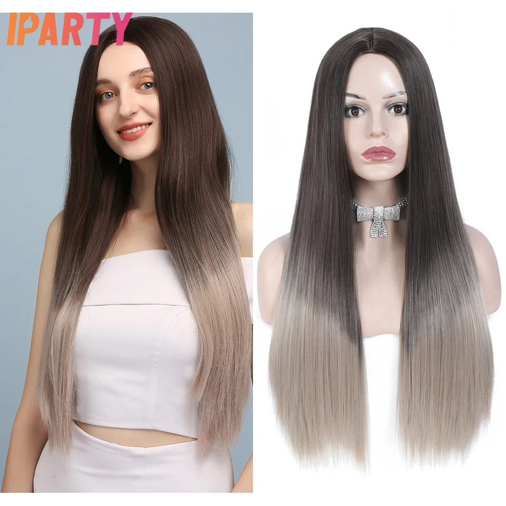 

Iparty 28 Inches Synthetic Machine Wigs Long Straight Ombre Silver Grey Middle Part Wig Multi Color Heat Resistant Daily