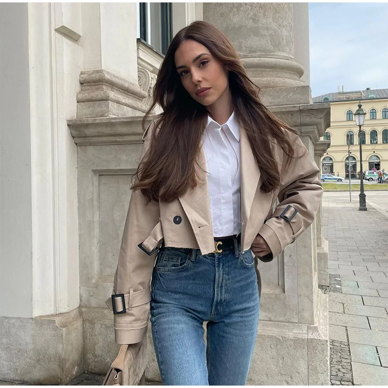 

Women's Cropped Trench Khaki Lapel Collar Jackets Coat Female Long Sleeve With Belt Single Button Short Jacket Spring Streetwear