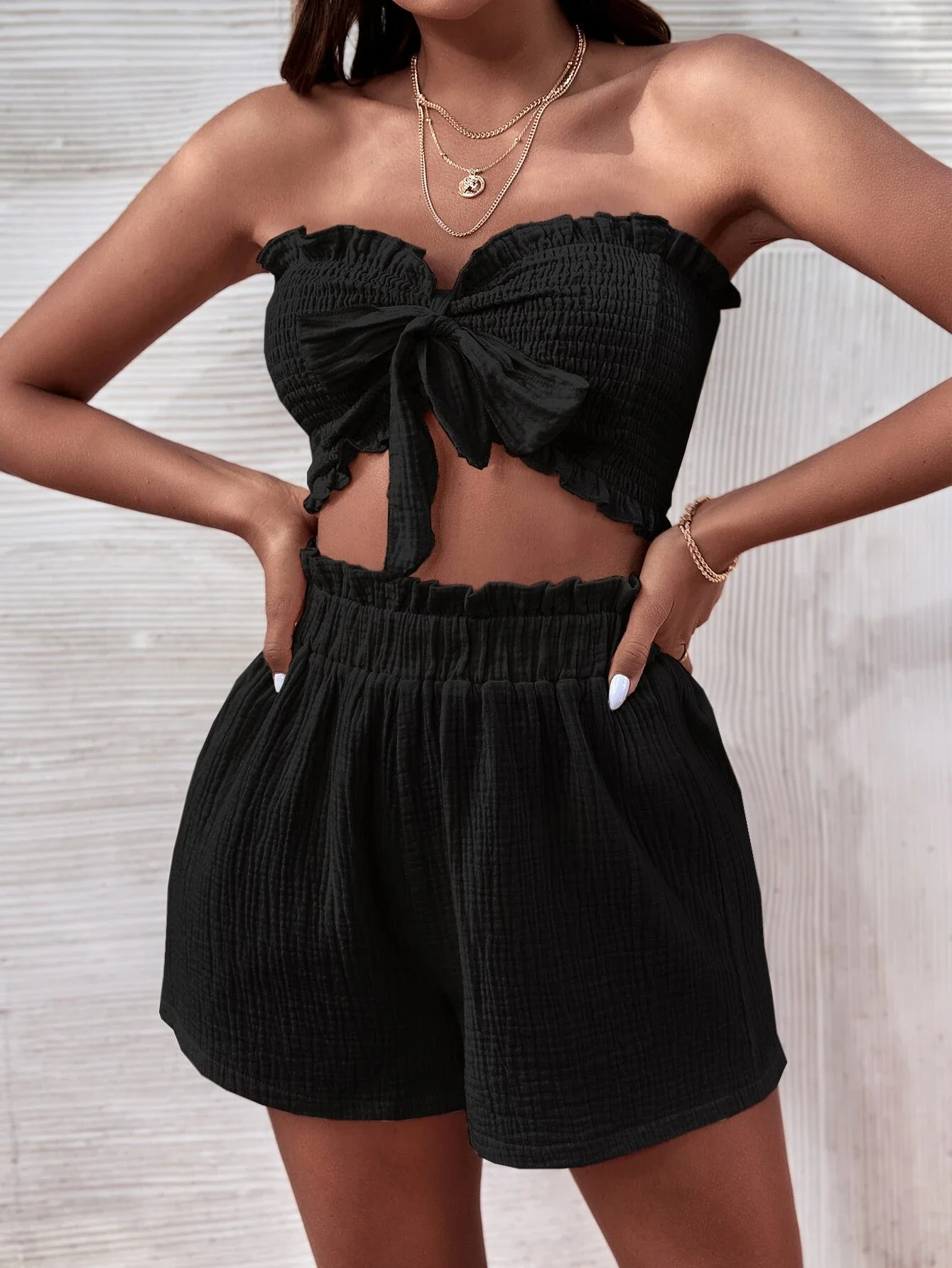 

Shirred Frilled Tie Front Tube Top & Paperbag Waist Shorts