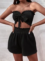 shirred frilled tie front tube top paperbag waist shorts