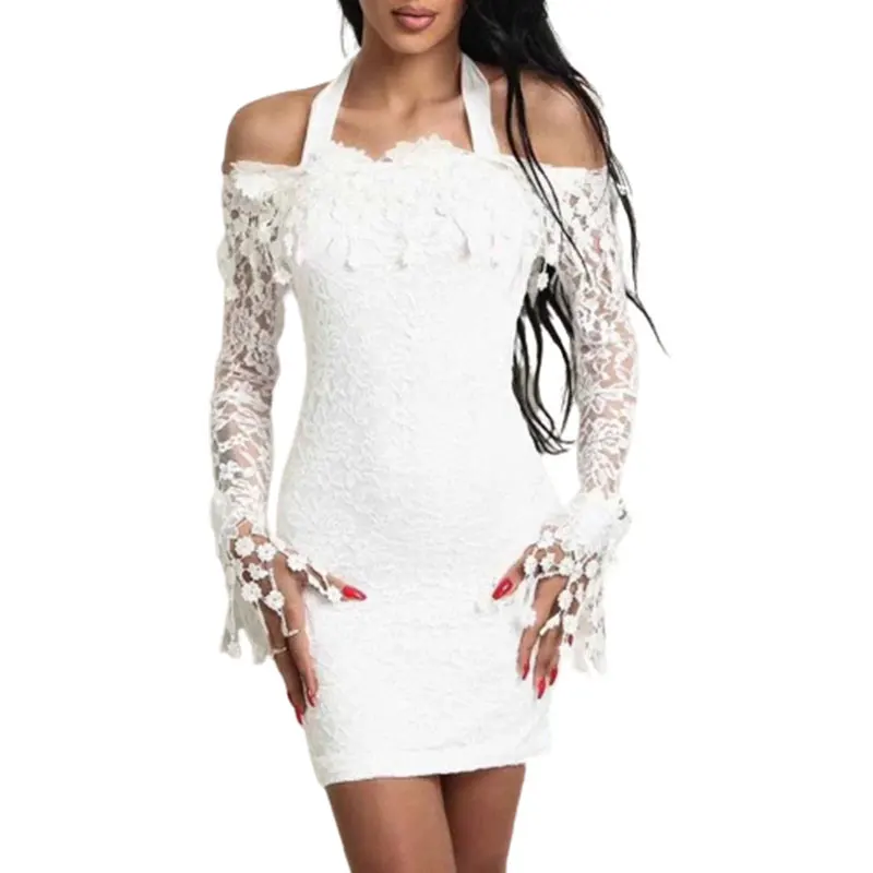 

2023 Sexy White Lace Dress Long Sleeve Women Dress Bodycon Off Shoulder Lace Wedding Party Clubwear Evening Short Mini Dress