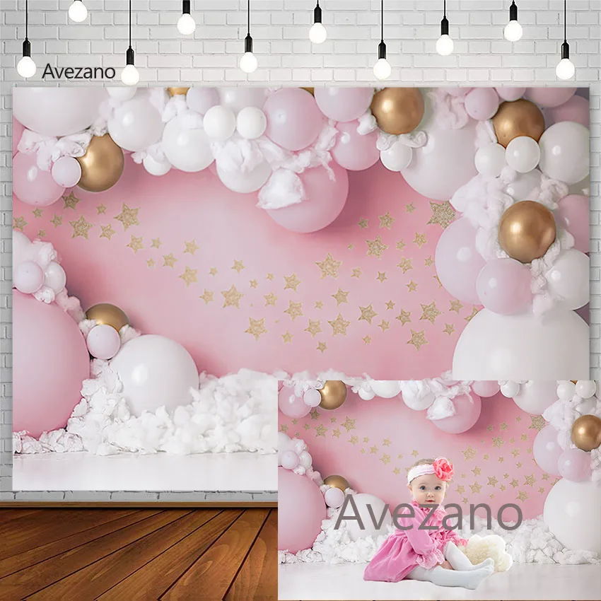 

Фон для фотосъемки новорожденных с изображением розовой девушки воздушного шара маленькой звезды торта разбитого портрета фотостудии