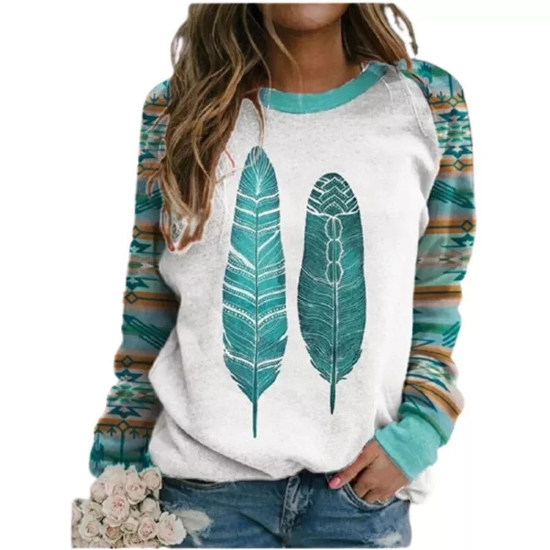

New 2021 Vintage Women Ethnic Patchwork Feather Print T Shirt Autumn Clothes Female Casual Long Sleeve O-Neck Loose Tee Tops