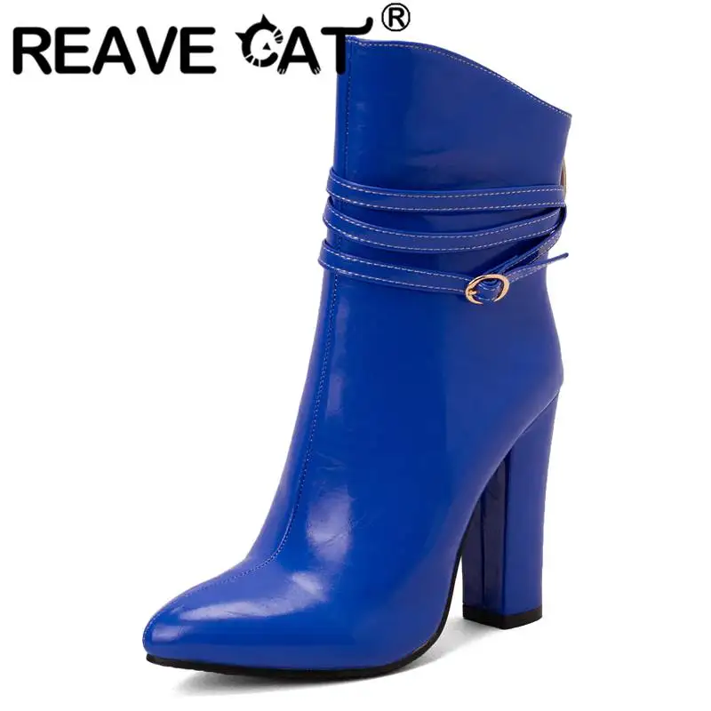 

REAVE CAT 2022 Ladies Mid Calf Boots Pointed Toe Block Heels 11cm Zipper Buckles Big Size 42 43 Solid Party Shoes Concise S4584