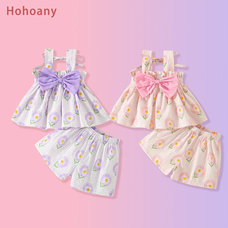2Pcs/Set Summer Flower Baby Girls Children Clothes Suit Chiffon Thin Trend Toddler Plaid Tops Shorts Bows Kids Wear 0 to 3 Years