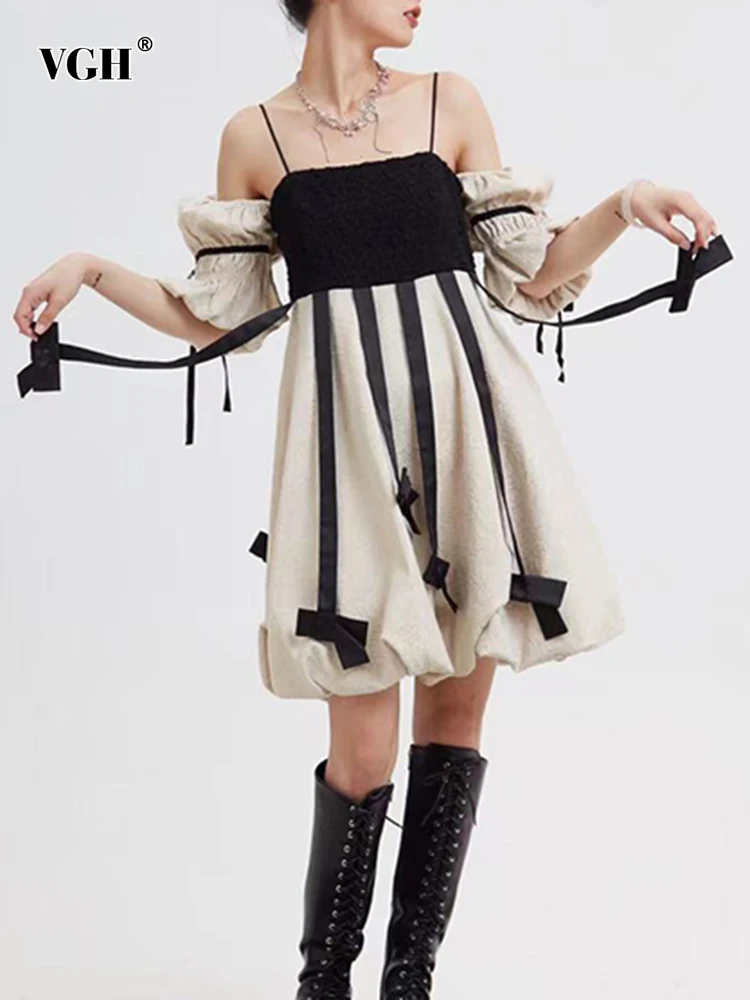 

VGH Vintage Individuality Dress Square Collar Short Puff Sleeve Patchwork Bow High Waist Mini Dresses Female 2022 Summer Clothes