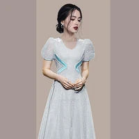 e girls new arrival korean puff sleeve dresses women summer elegant v collar fashion beading splicing a line dress female