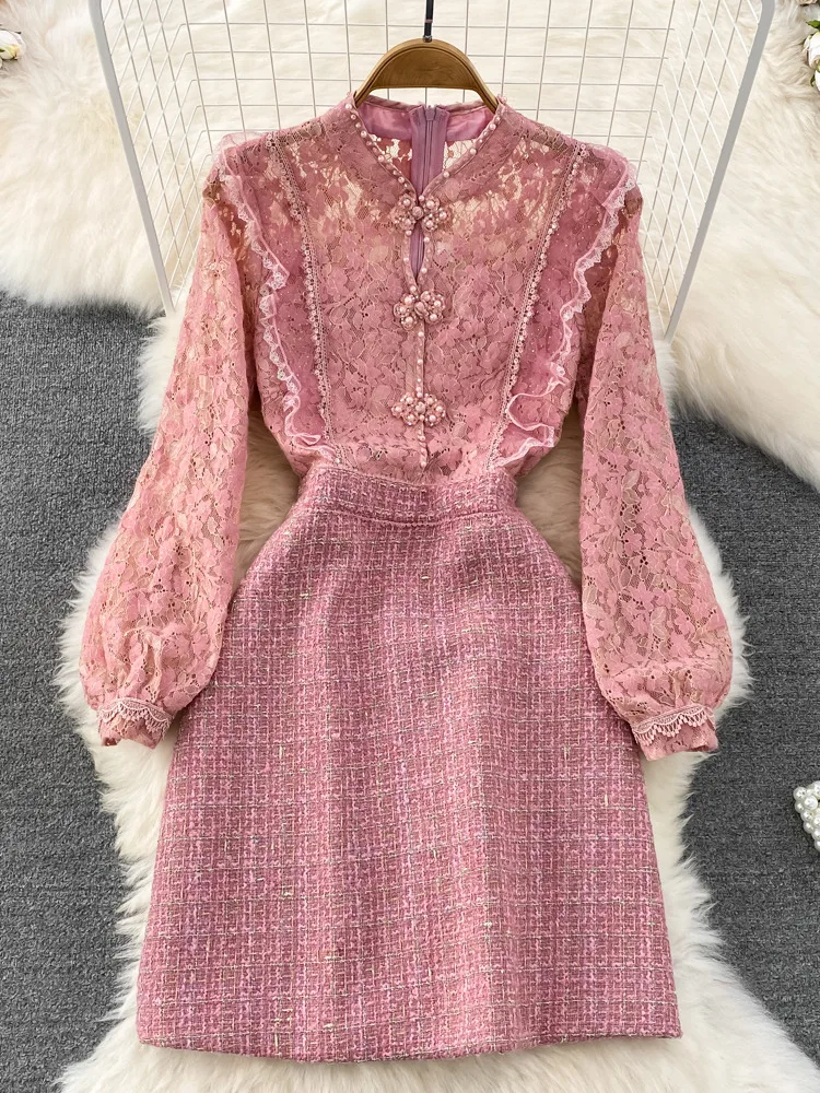 

Vintage Small Fragrance Luxury Beading Cheongsam Lady Lace Mesh Tweed Dress Women Flower Embroidery Ruffles Pink Party Dresses