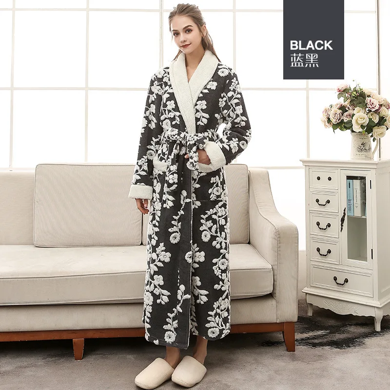 Double-Layer Winter Flannel Bathrobe Long Robe For Men Women Couple Sleepwear Robe Homewear Warm Nightgowns 3D Jacquard Bathrobe