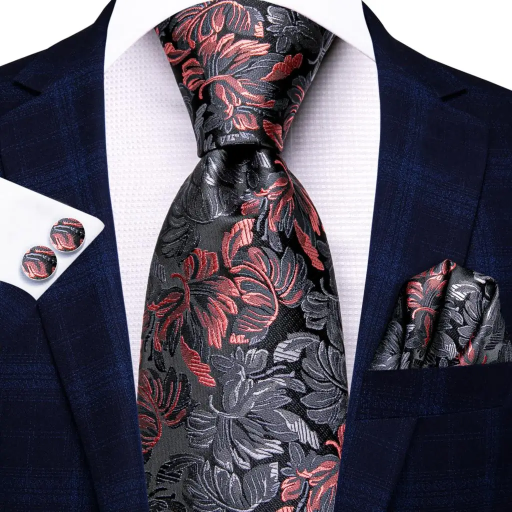 

2023 Floral Black Red Necktie Silk Elegent Tie For Men Fashion Brand Wedding Party Handky Cufflinks Wholesale Hi-Tie Designer