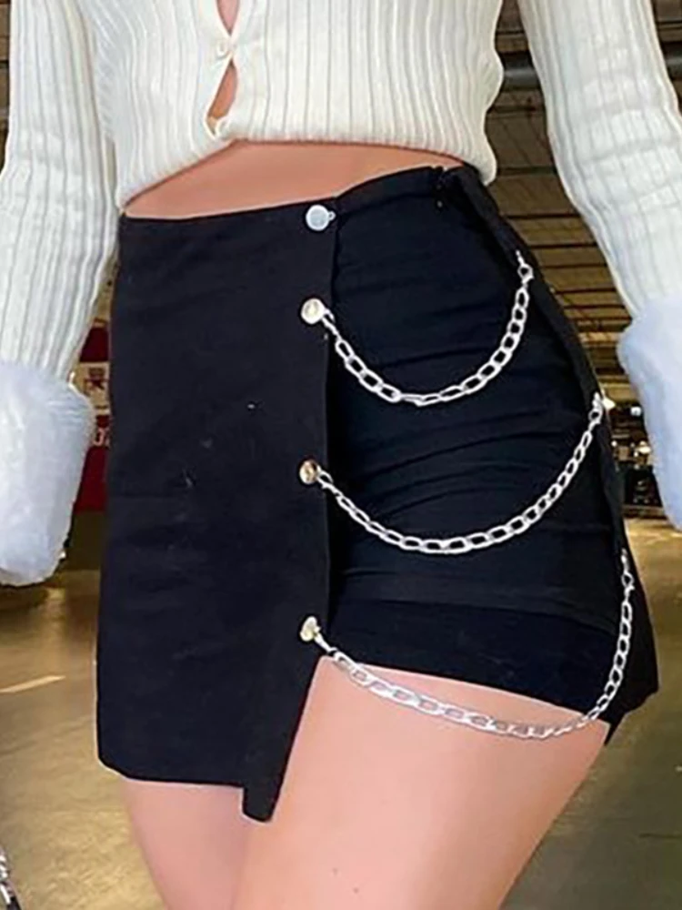 Black Skirt Summer New Gothic High Waist Hotsweet Irregular Chain Fashion Skirt Women's Clothing Asymmetrical Female Dress Party