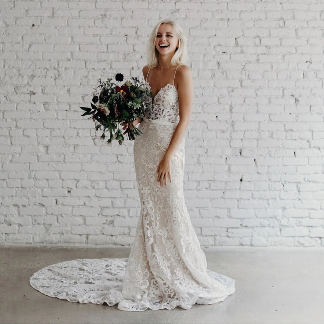

Mermaid Wedding Dress 2022 Boho Lace Backless Spaghetti Strap Charming Sweetheart Bridal Gowns Sleeveless Sexy