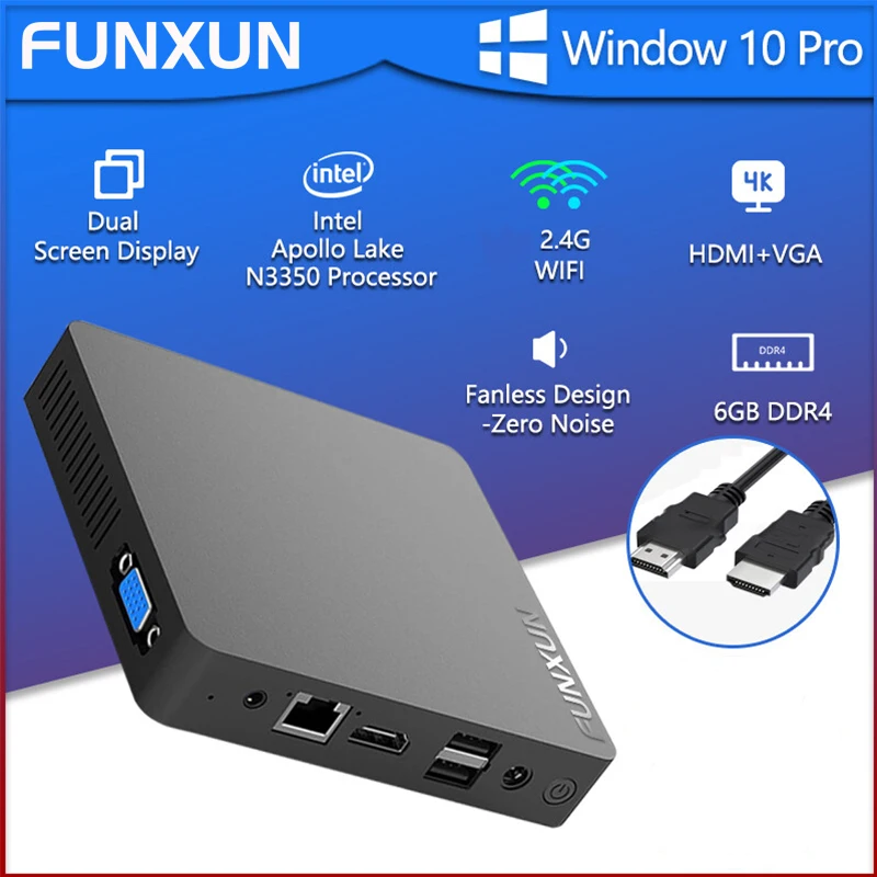 FUNXUN MINI PC Windows 10 Pro  6GB RAM  Intel N3350 WiFi Dual-Screen Display Support 4K USB 3.0  HDMI VGA(+Hdim cable )