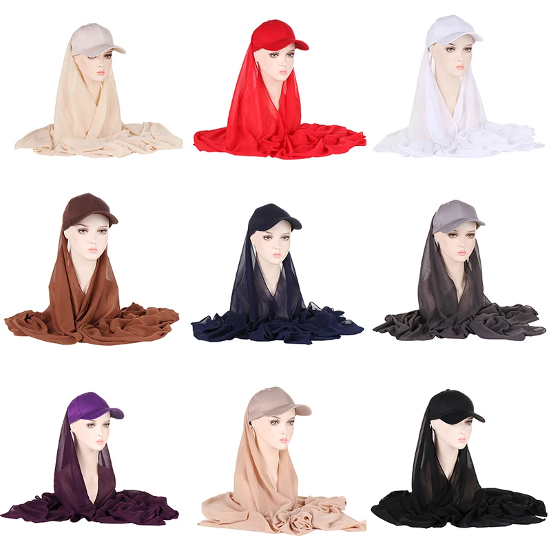 

Instant Hijabs Women Bonnet With Chiffon Shawl Head Scarf Bandana Turban Hat Shawl Hijab Scarf Sun Protection Muslim Headwrap