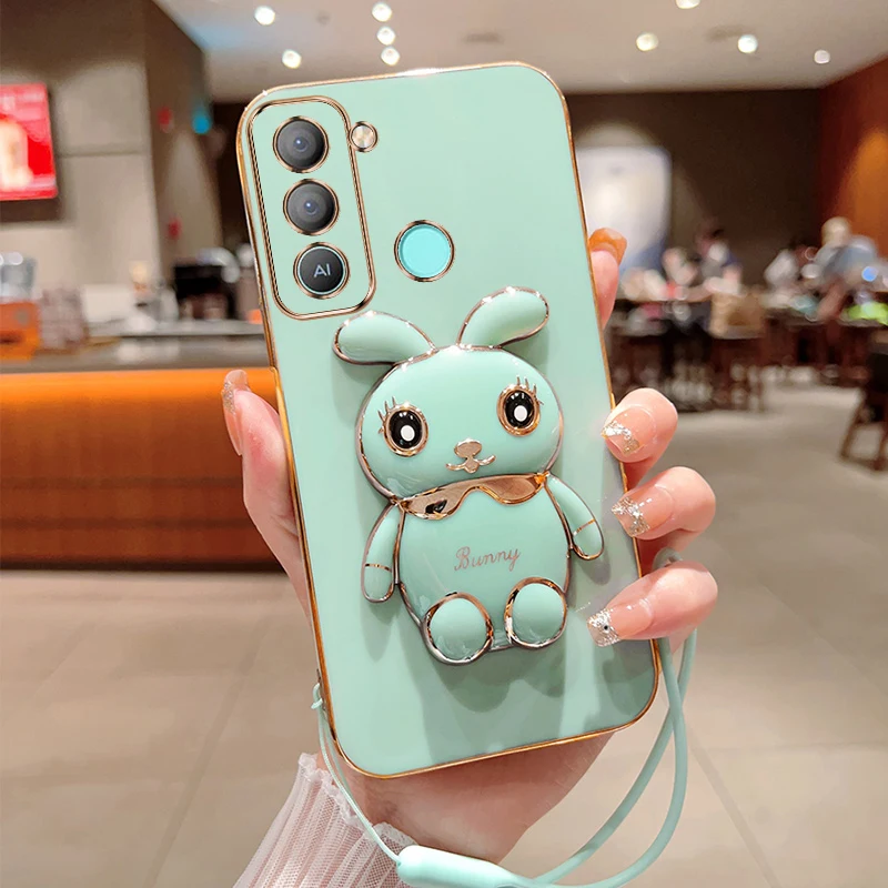

Cute Cartoon Rabbit Fold Stand For Infinix Tecno Pop 5 LTE Phone Case With Lanyard Luxury Plating Cover