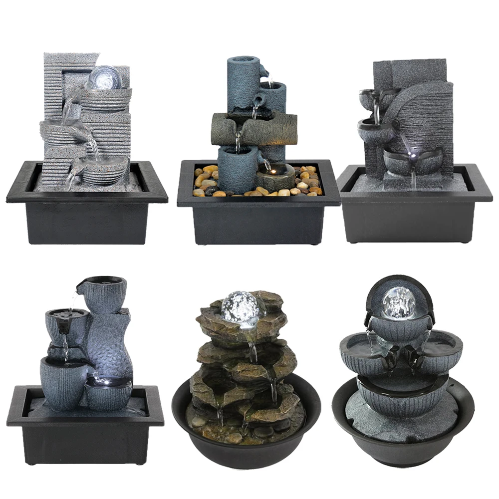 Pаспродажа 4 уровня каскадных смолы-рок падает Настольный водяной фонтан с светодиодный геомантического мяч для офиса кабинет домашние стол Декор Дешево 4 уровня каскадных смолы-рок падает Настольный водяной фонтан с светодиодный геомантического мяч для офиса кабинет домашние стол Декор