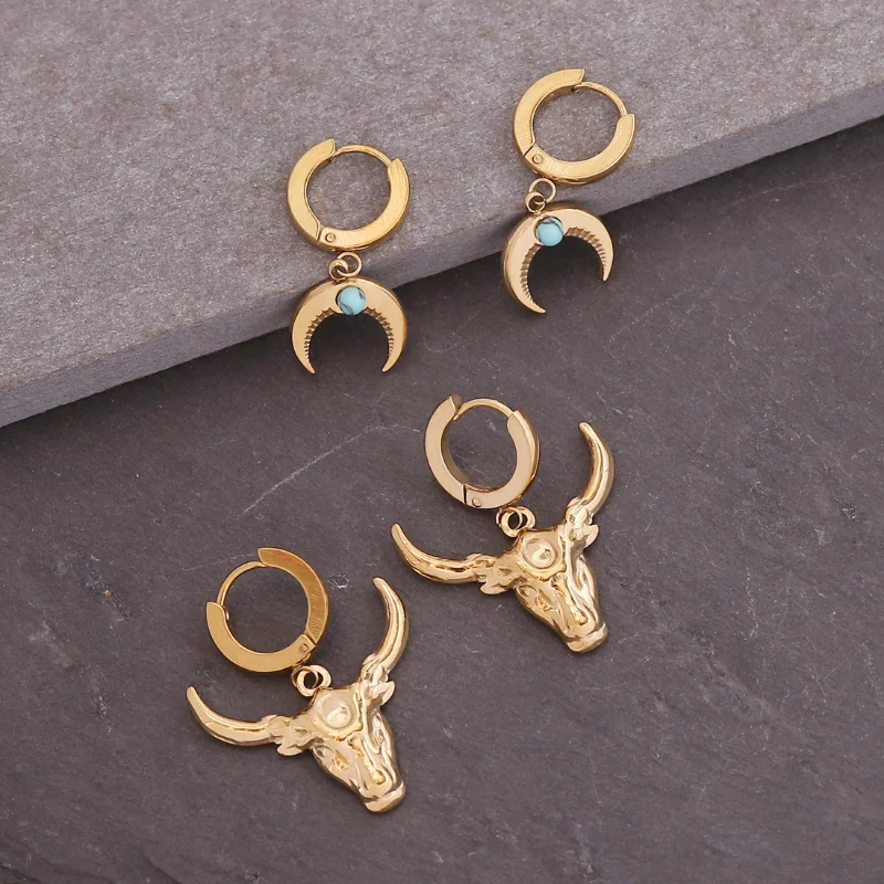 

New Bohemian Bull Head Moon Earrings for Women Trendy Punk Studs Titanium Steel Jewelry Earings for Women Free Shipping