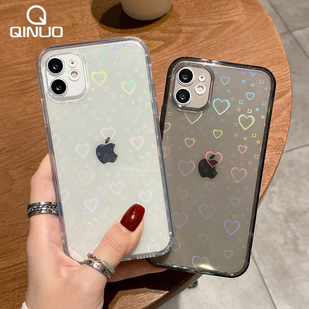 

Fashion Gradient Laser Love Heart Leaf Pattern Case For iPhone 13 11 12 Pro Max X XS XR 7 8 Plus SE 2020 Clear Cover With Hearts