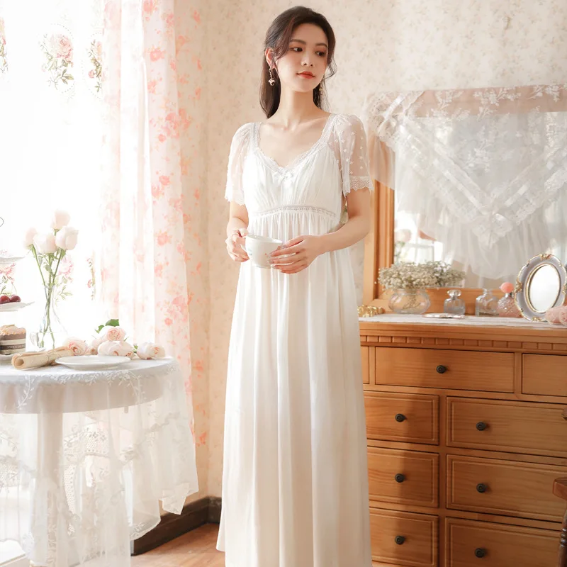 Sexy Lace Short Sleeve Night Dress Women Summer Cotton Long Peignoir Vintage Victorian Nightgown Fairy Nighty Princess Sleepwear