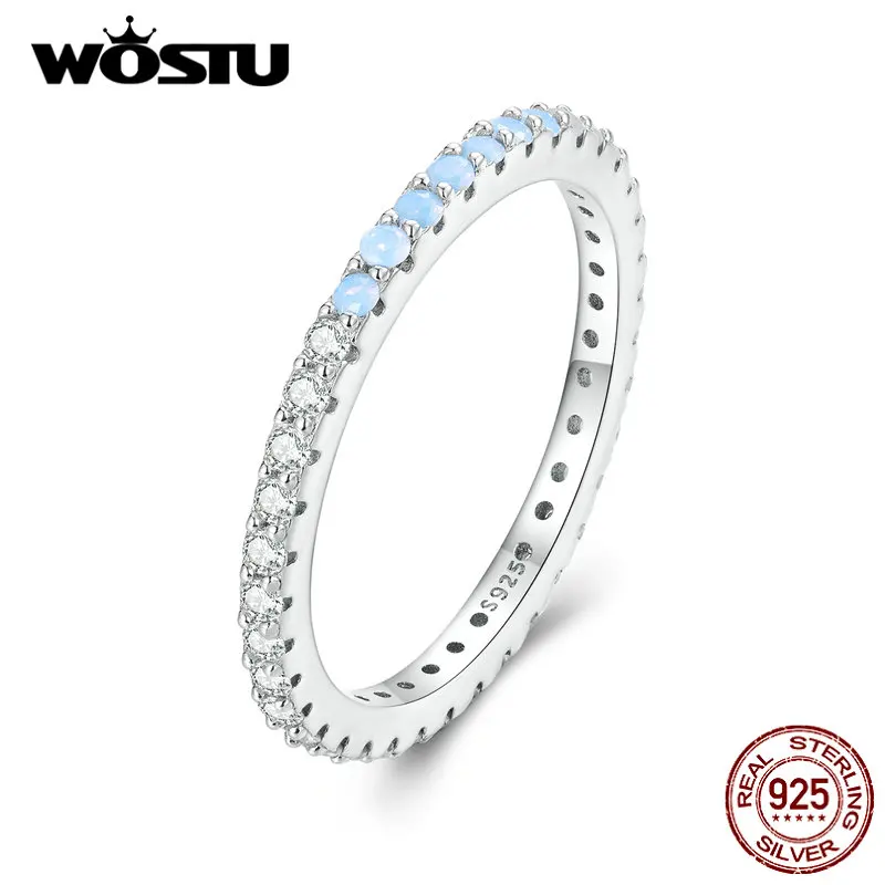 WOSTU 925 Sterling Silver Rainbow Blue Fire Opal Clear Zircon Simple Engagement Rings For Women Classical Roud Stacking Ring New
