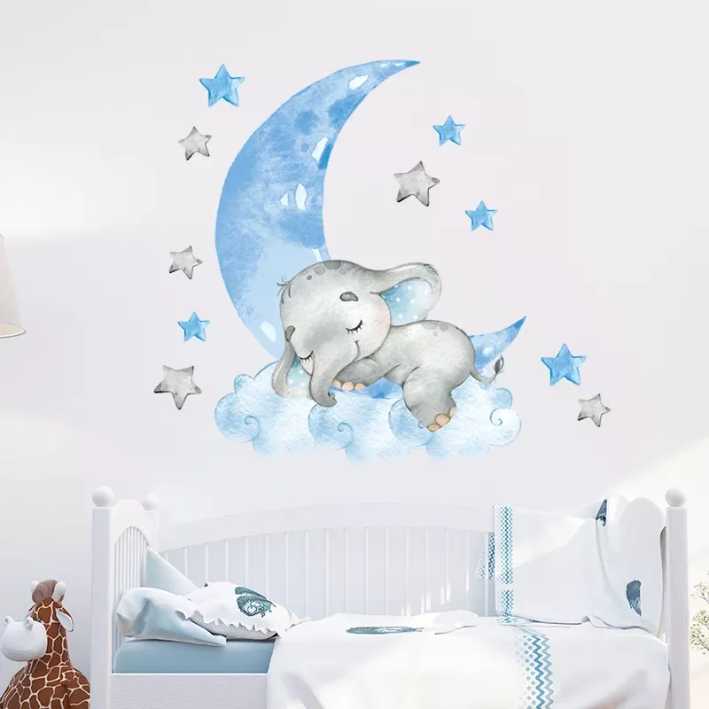 

NEW2023 Baby Boy Elephant Sleeping Moon Wall Stickers for Kids Room Baby Nursery Room Decoration Wall Decals Home Decor Cartoon