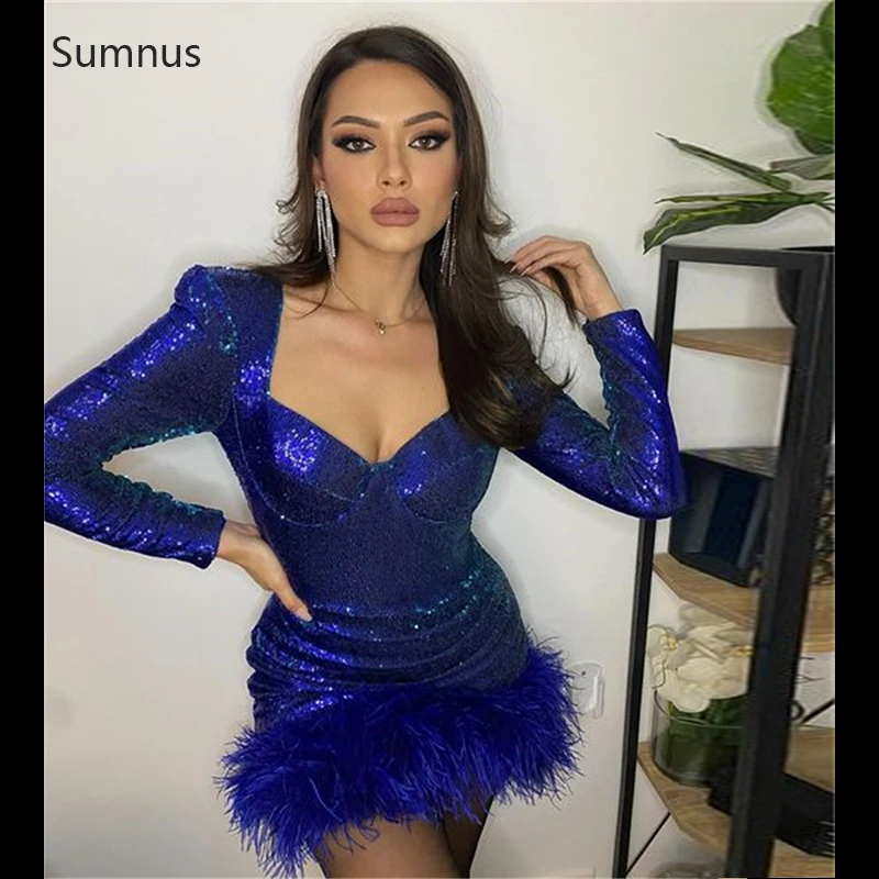

Sumnus Royal Blue Elegant Short Prom Dresses Long Sleeves Evening Gowns Sequined Feather Sabiti Da Sera 2022 Special Occasion