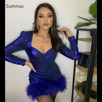 sumnus royal blue elegant short prom dresses long sleeves evening gowns sequined feather sabiti da sera 2022 special occasion