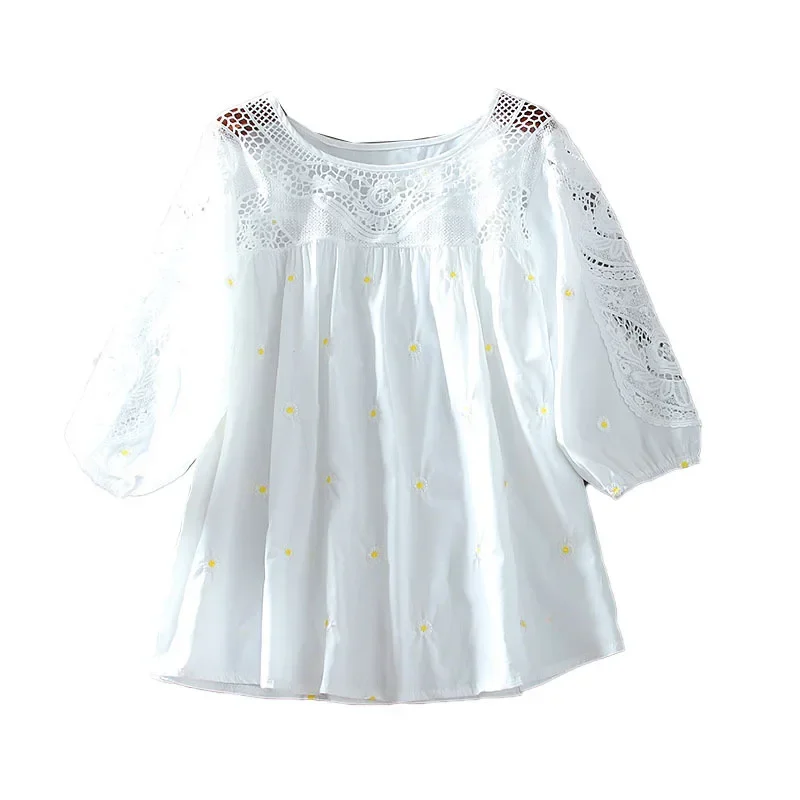 Элегантный кружевной топ с вырезами рукавом три четверти свободный крой куклой