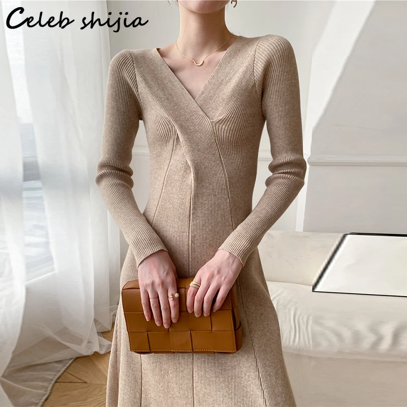 

Khaki Chic Woolen Dress Ladies Autumn 2023 Winter V-neck Elegant Long Sweater Dress Bodycon Business Korean Party Knit Clothing