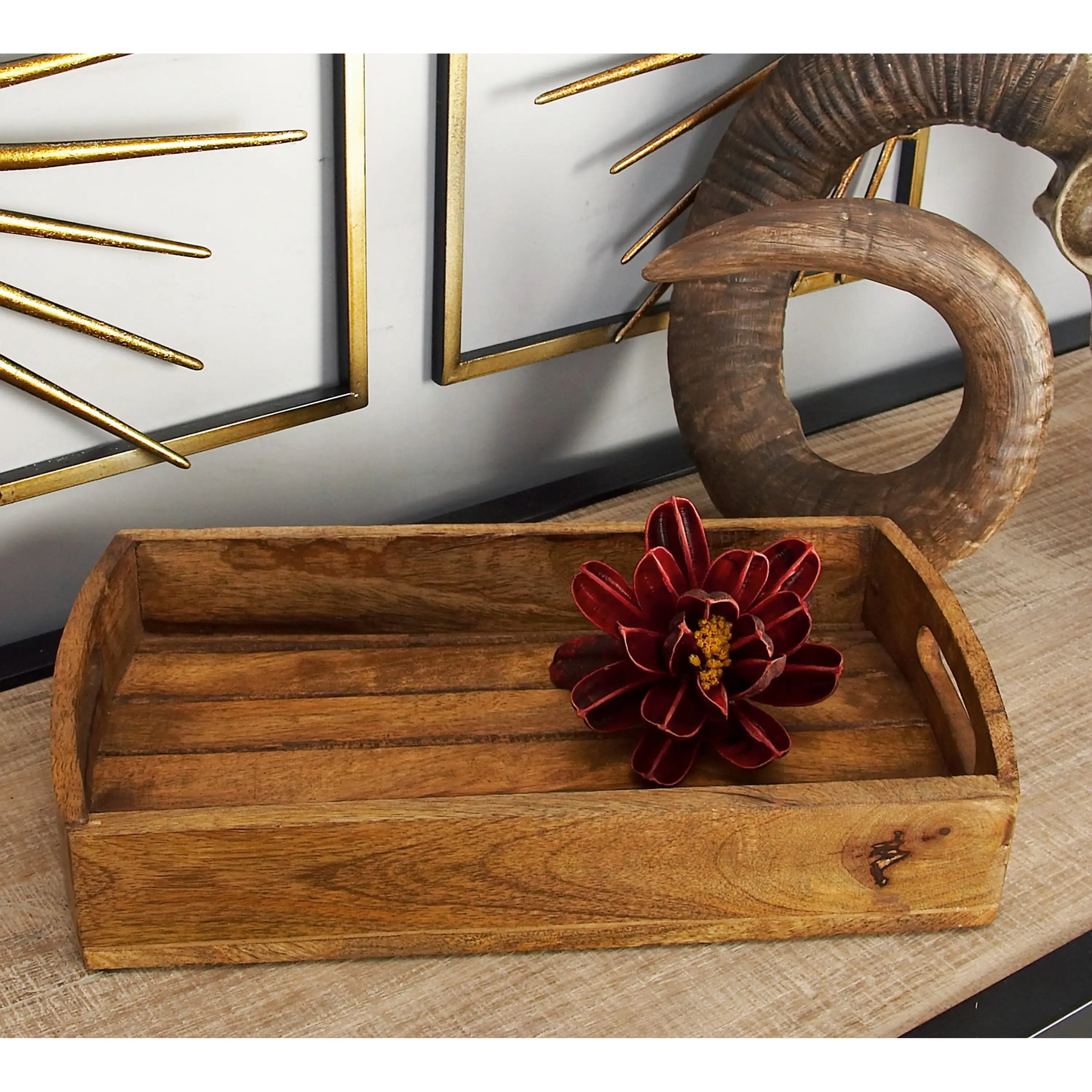 

14", 16", 19"W Light Brown Mango Wood Tray with Slot Handles, 3-Pieces