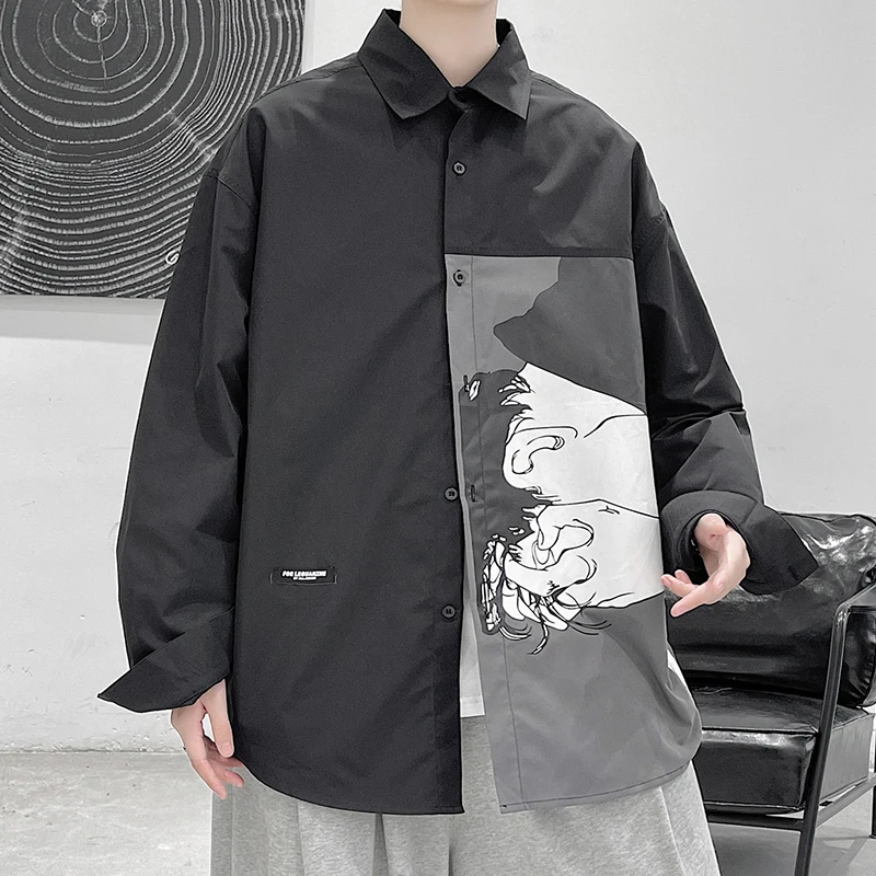 EOENKKY2022 Spring Men's Printed Long Sleeve Work Shirt Streetwear Lapel Collar Clothes Black Grey Long Sleeve Shirt Size M-5XL