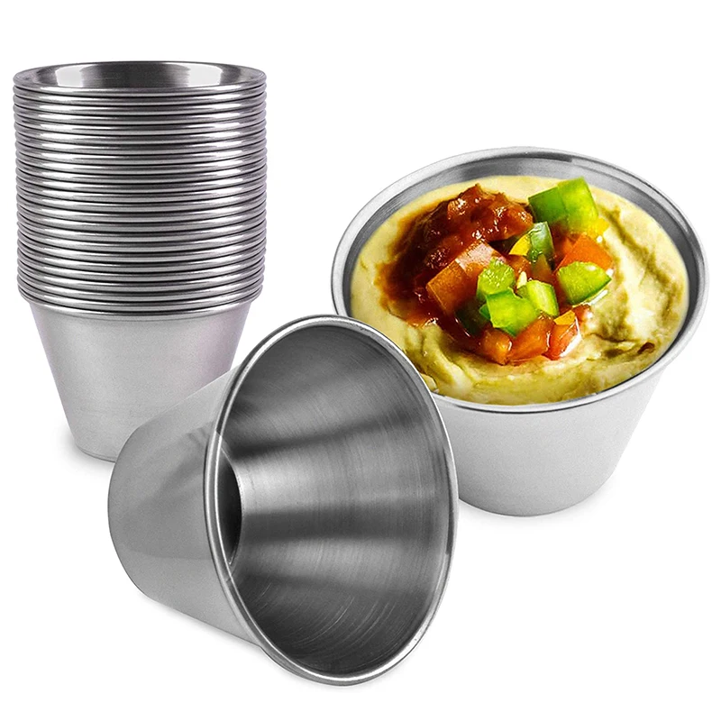 

24 Pack Stainless Steel Sauce Cups - Individual Round Condiments Ramekins, Commercial Grade Safe/Portion Dipping Sauce Kitchen S