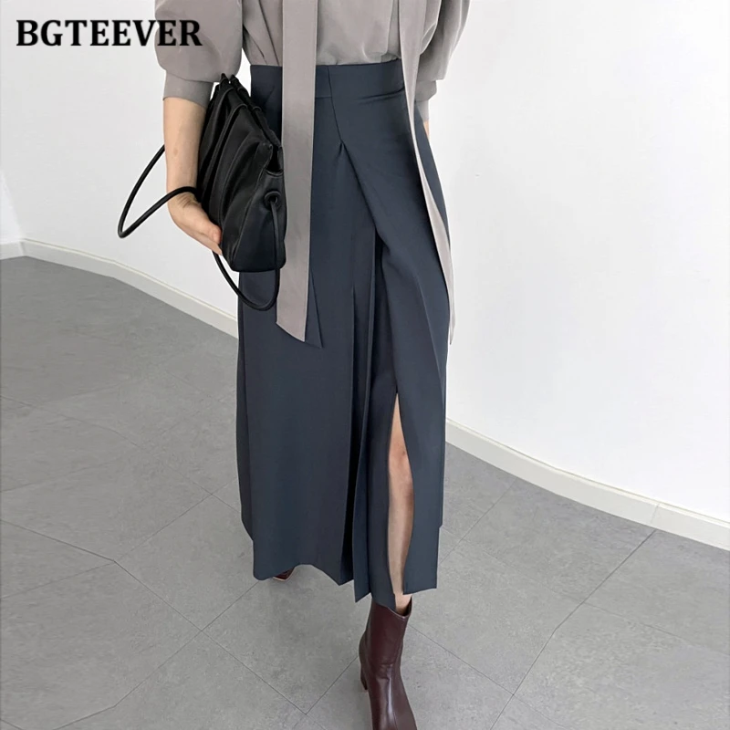 

BGTEEVER Chic High Waist Split Ladies Skirts Spring Summer Elegant Loose Women Pleated Skirts