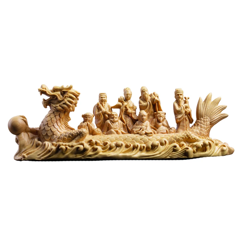 Самшит 21 см Восемь богов Дракон Лодка Скульптура Резьба по дереву Китайские