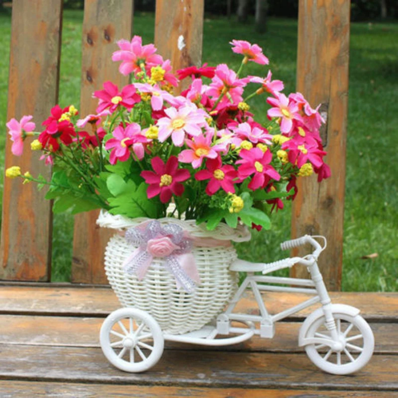 

2pcs New Bicycle Decorative Flower Basket Newest Plastic White Tricycle Bike Design Flower Basket Storage Party Decoration Vase