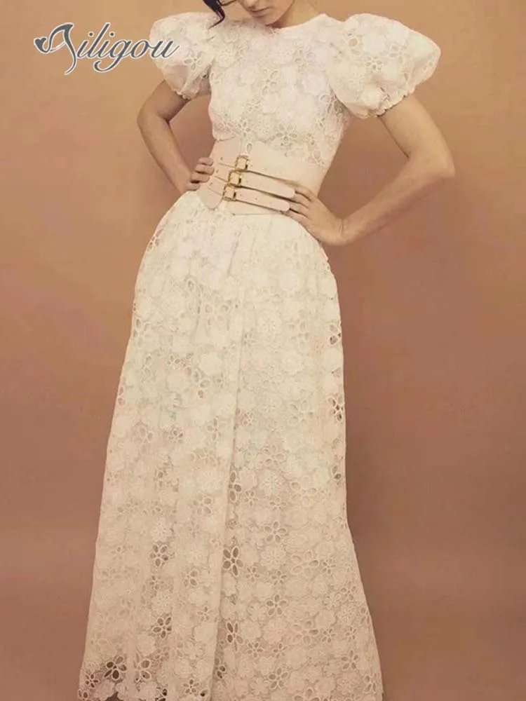 

Ailigou 2022 New Women's Retro Lace Hollow Belt Sexy Long Dress Puff Sleeves White Green Rose Red Elegant Celebrity Party Dress