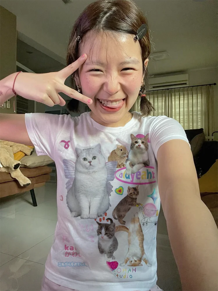 Фото Японский y2k Kawaii Cat Print короткий рукав Tee Women Grunge кроп-топы Fairycore Graphic футболка E-girl 2000s корейская мода №1