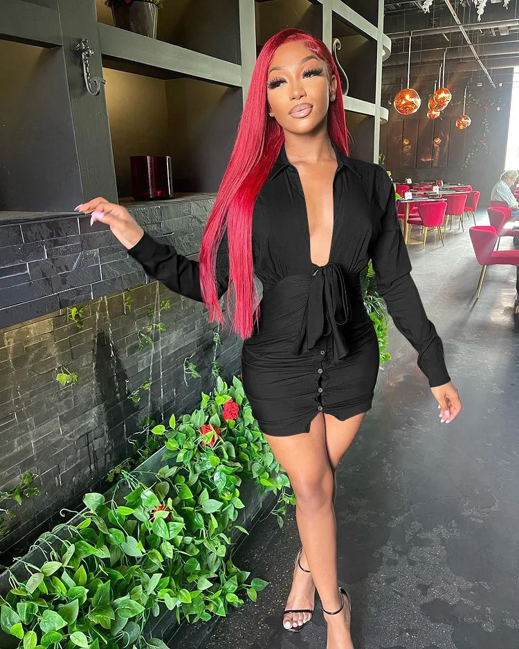 

Autumn Club Mini Dress Sexy Women Deep V-neck Bodycon Solid Party Dress Vestidos