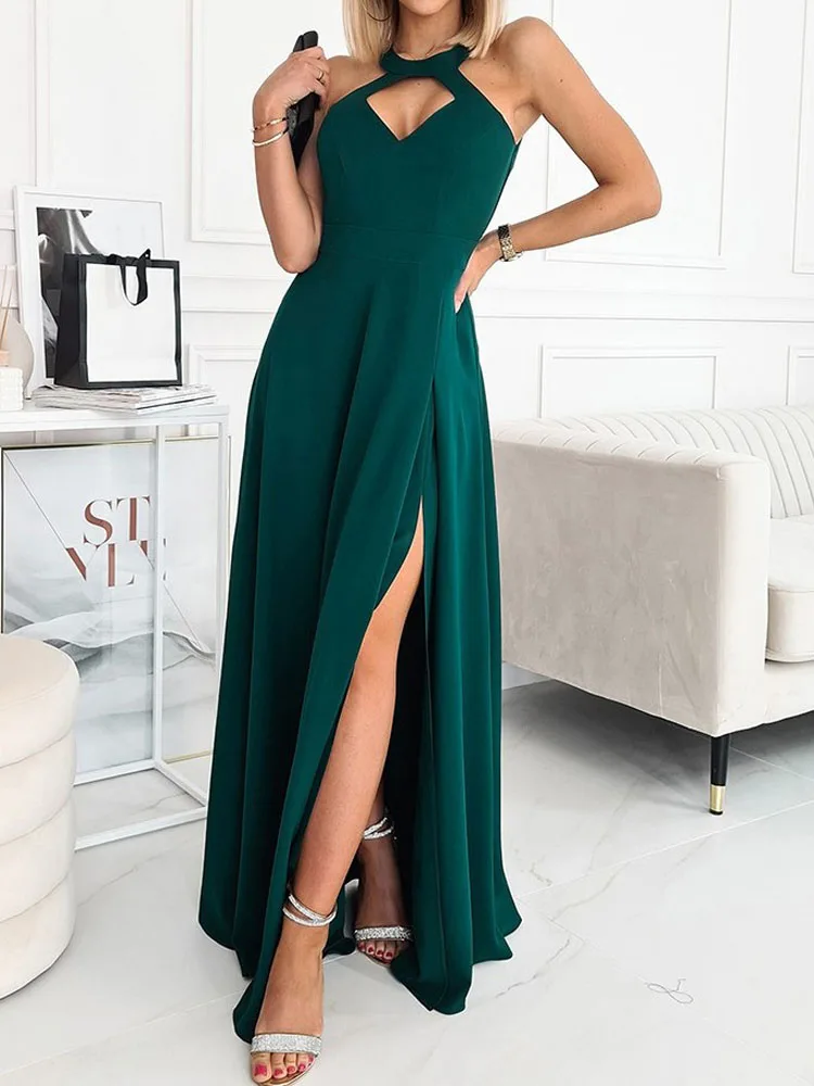 

Sexy Office Lady Halter Hollow Maxi Dress Women Solid Off Shoulder Fashion Party Dress Elegant Slim Waist High Slit Long Dresses