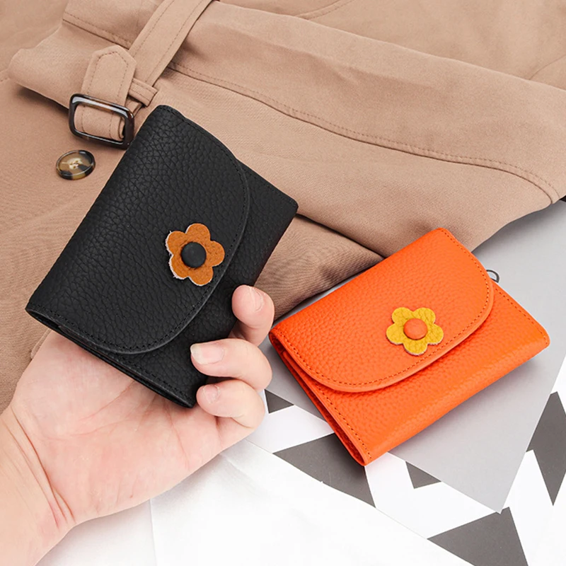 Women Wallet Orange Genuine Leather Short Fold Female Purse 8 Card Bits Money Clip Small Purses Hasp Card Holder Coin Wallets